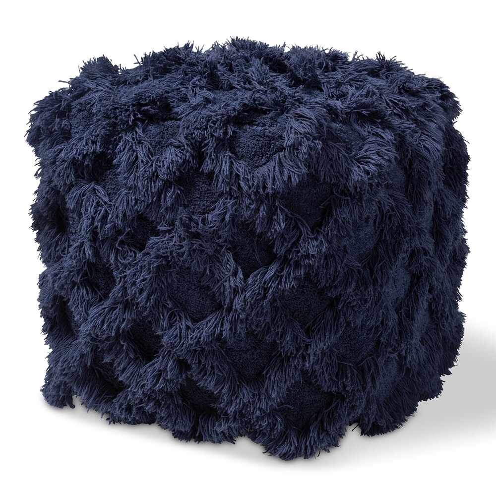 BAXTON STUDIO ASUKA MOROCCAN INSPIRED NAVY HANDWOVEN COTTON FRINGE POUF OTTOMAN