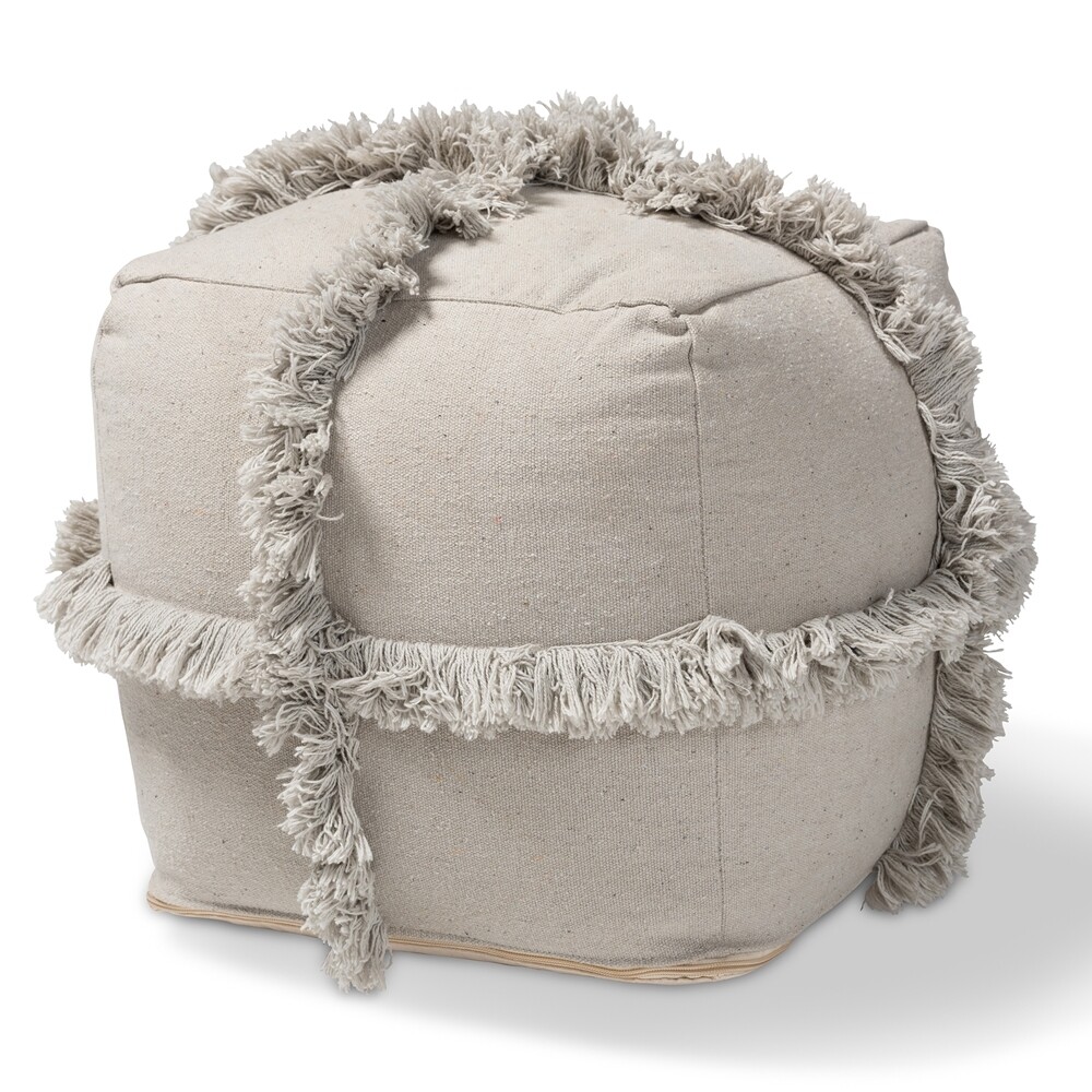 BAXTON STUDIO ALFRO MOROCCAN INSPIRED GREY HANDWOVEN COTTON FRINGE POUF OTTOMAN