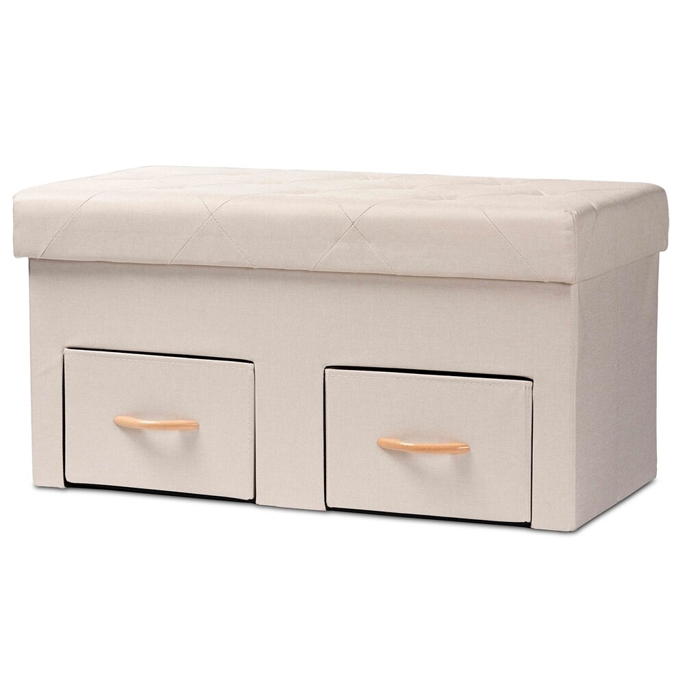 BAXTON STUDIO GERWIN MODERN AND CONTEMPORARY BEIGE FABRIC UPHOLSTERED AND OAK BROWN FINISHED WOOD 2-DRAWER STORAGE OTTOMAN