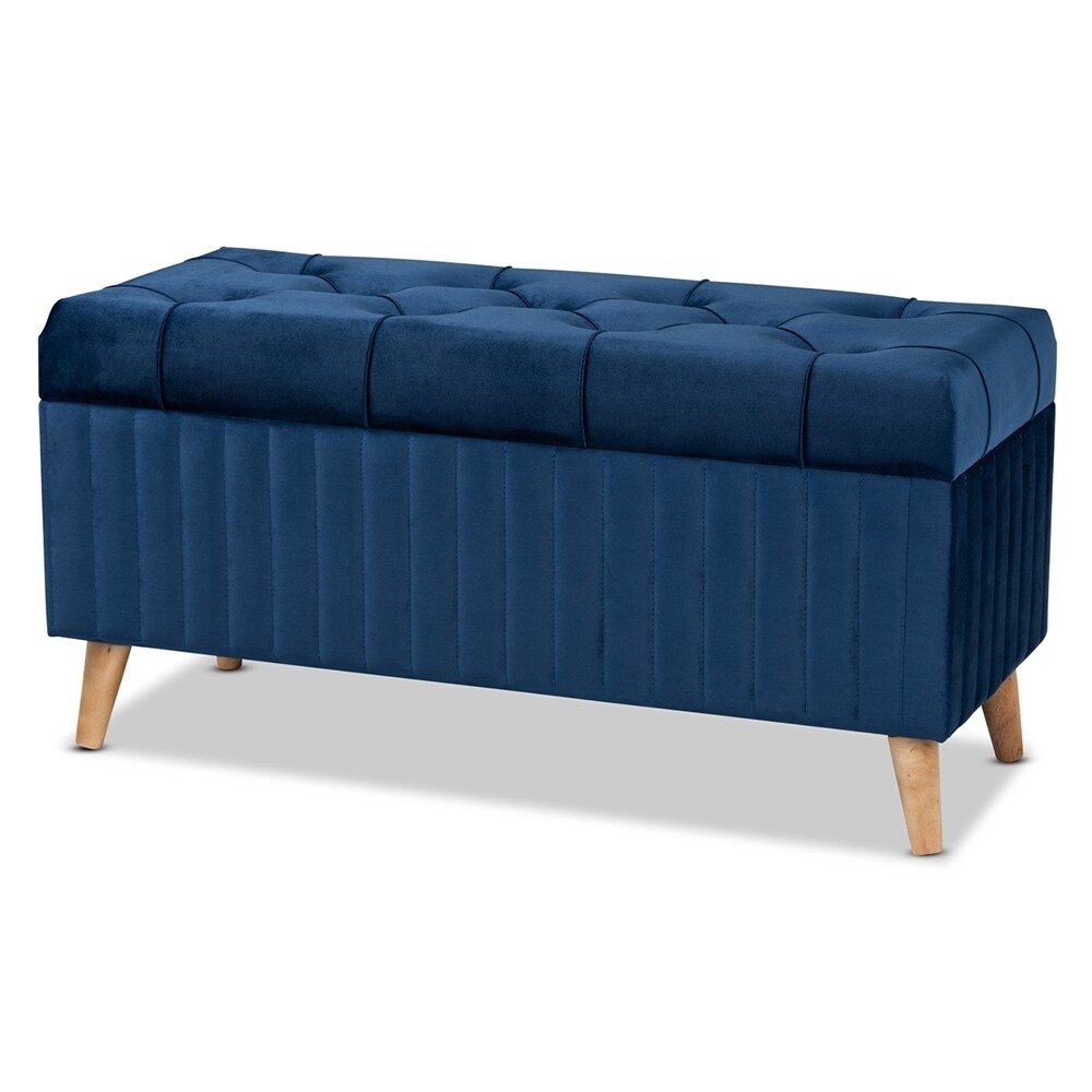 BAXTON STUDIO HANLEY MODERN AND CONTEMPORARY NAVY BLUE VELVET FABRIC UPHOLSTERED AND WALNUT BROWN FINISHED WOOD STORAGE OTTOMAN