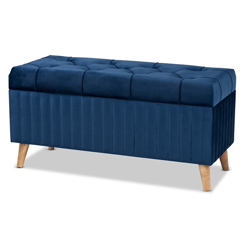 BAXTON STUDIO HANLEY MODERN AND CONTEMPORARY NAVY BLUE VELVET FABRIC UPHOLSTERED AND WALNUT BROWN FINISHED WOOD STORAGE OTTOMAN