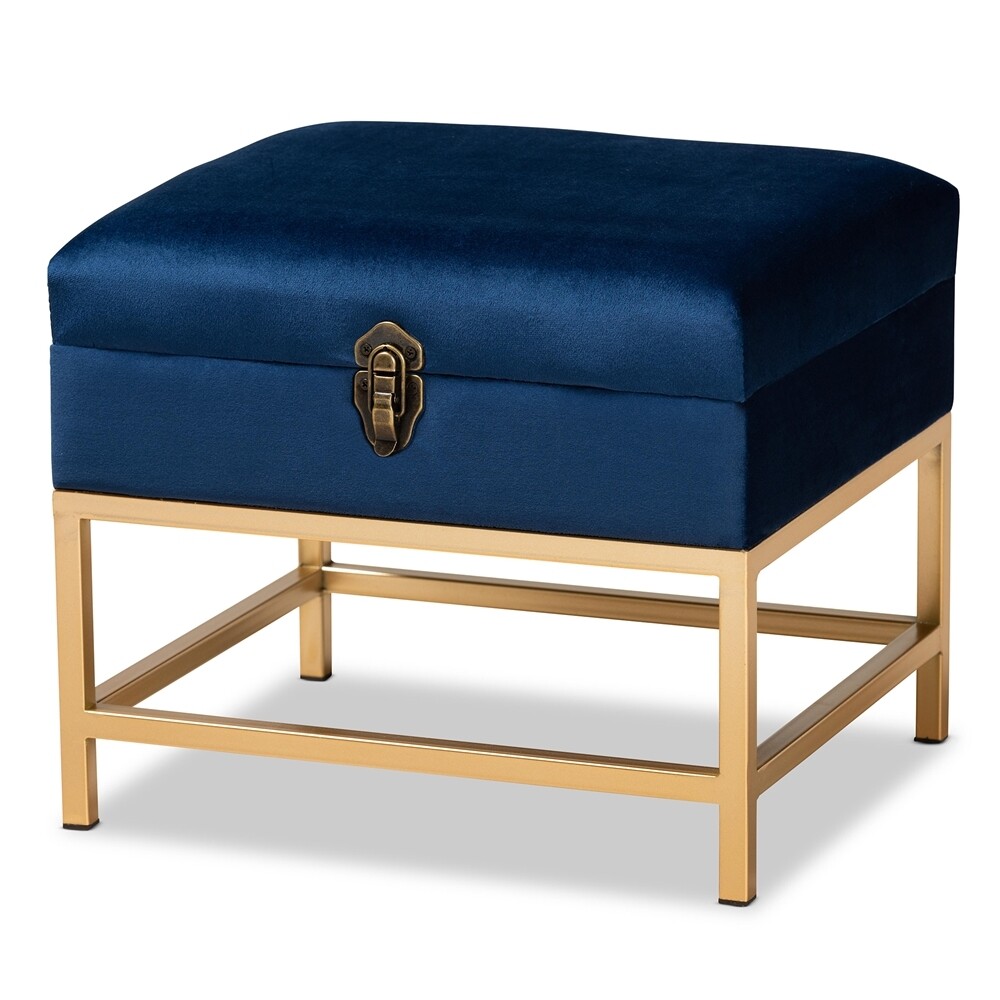 BAXTON STUDIO ALIANA GLAM AND LUXE NAVY BLUE VELVET FABRIC UPHOLSTERED AND GOLD FINISHED METAL SMALL STORAGE OTTOMAN