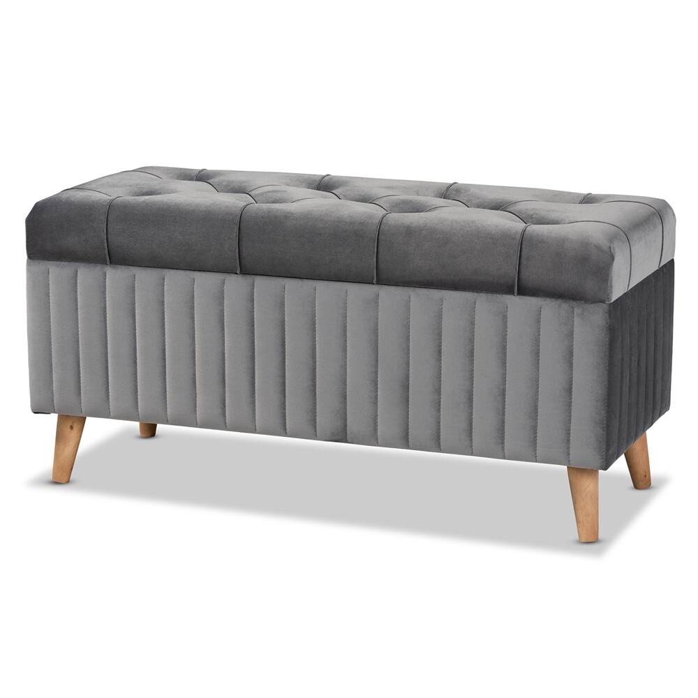 BAXTON STUDIO HANLEY MODERN AND CONTEMPORARY GREY VELVET FABRIC UPHOLSTERED AND WALNUT BROWN FINISHED WOOD STORAGE OTTOMAN
