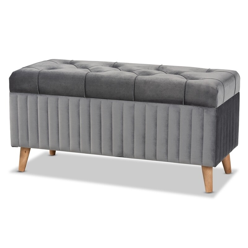 BAXTON STUDIO HANLEY MODERN AND CONTEMPORARY GREY VELVET FABRIC UPHOLSTERED AND WALNUT BROWN FINISHED WOOD STORAGE OTTOMAN