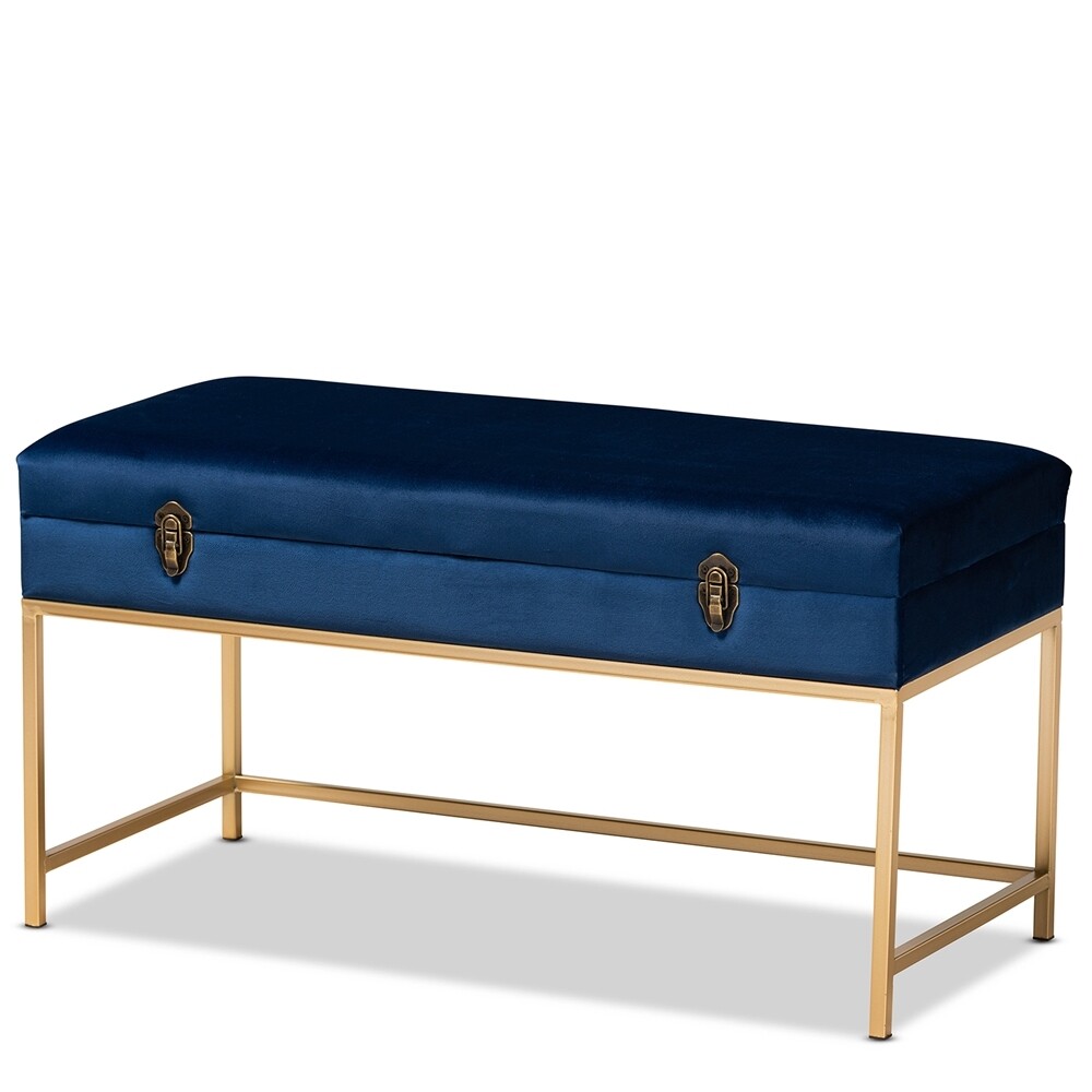 BAXTON STUDIO ALIANA GLAM AND LUXE NAVY BLUE VELVET FABRIC UPHOLSTERED AND GOLD FINISHED METAL LARGE STORAGE OTTOMAN