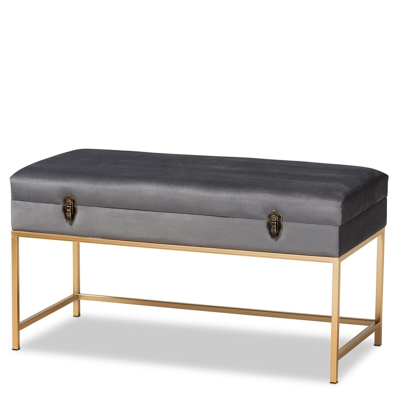 BAXTON STUDIO ALIANA GLAM AND LUXE GREY VELVET FABRIC UPHOLSTERED AND GOLD FINISHED METAL LARGE STORAGE OTTOMAN