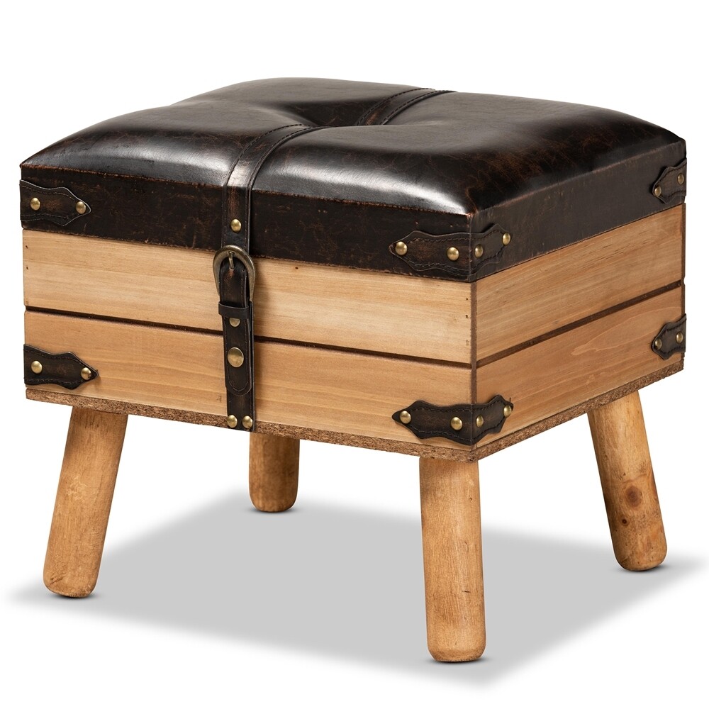 BAXTON STUDIO AMENA RUSTIC TRANSITIONAL DARK BROWN PU LEATHER UPHOLSTERED AND OAK FINISHED WOOD SMALL STORAGE OTTOMAN