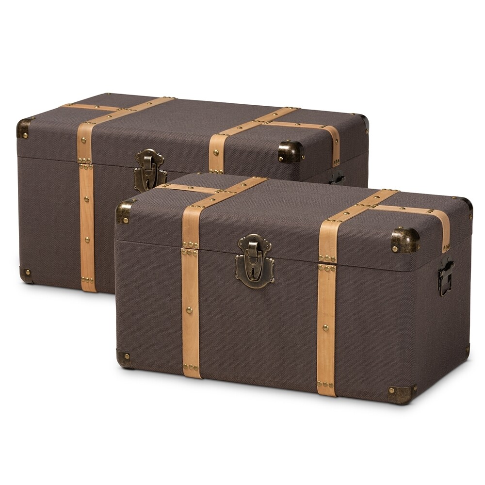 BAXTON STUDIO STEPHEN MODERN AND CONTEMPORARY TRANSITIONAL DARK BROWN FABRIC UPHOLSTERED AND OAK BROWN FINISHED 2-PIECE STORAGE TRUNK SET