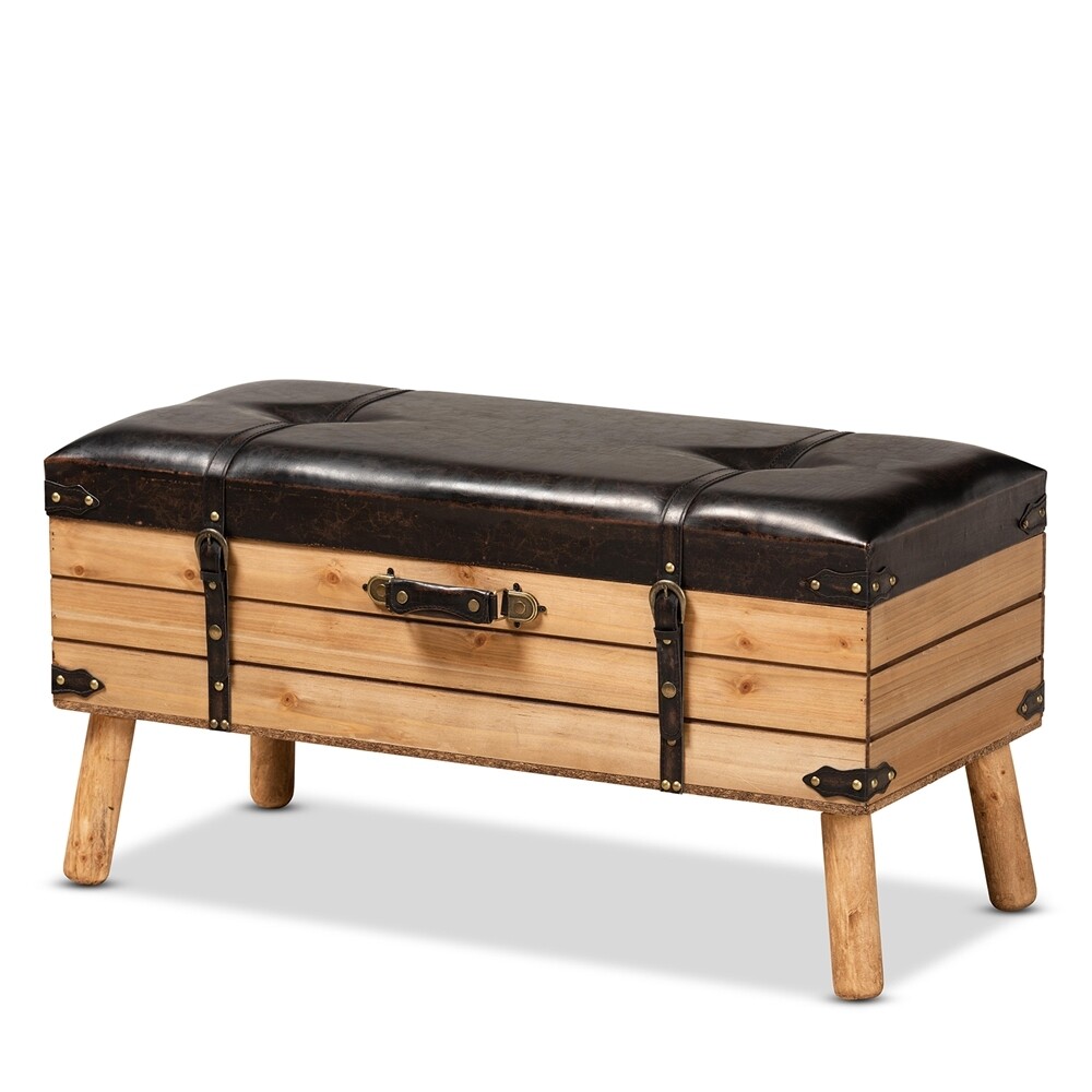BAXTON STUDIO AMENA RUSTIC TRANSITIONAL DARK BROWN PU LEATHER UPHOLSTERED AND OAK FINISHED WOOD LARGE STORAGE OTTOMAN