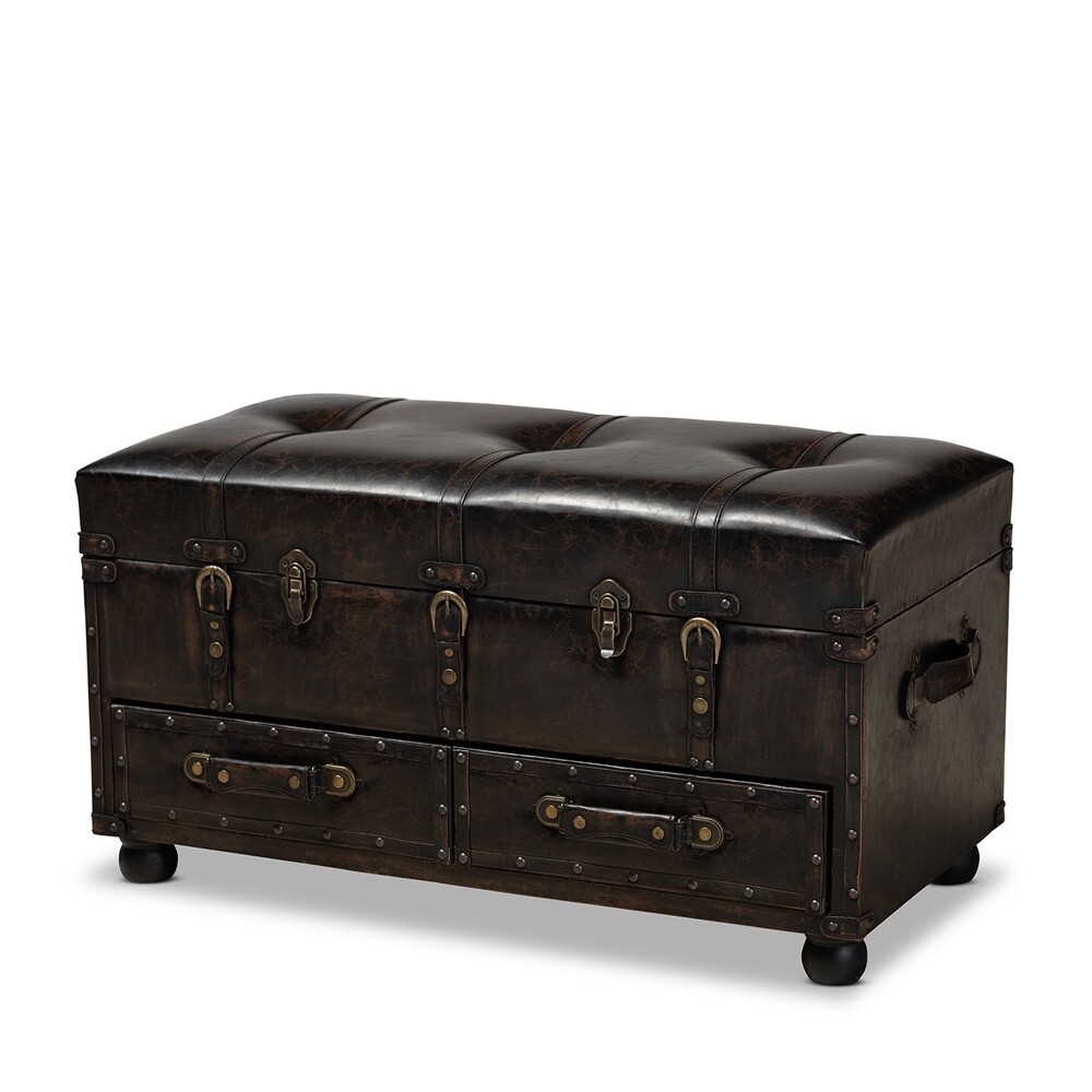 BAXTON STUDIO CALLUM MODERN TRANSITIONAL DISTRESSED DARK BROWN FAUX LEATHER UPHOLSTERED 2-DRAWER STORAGE TRUNK OTTOMAN