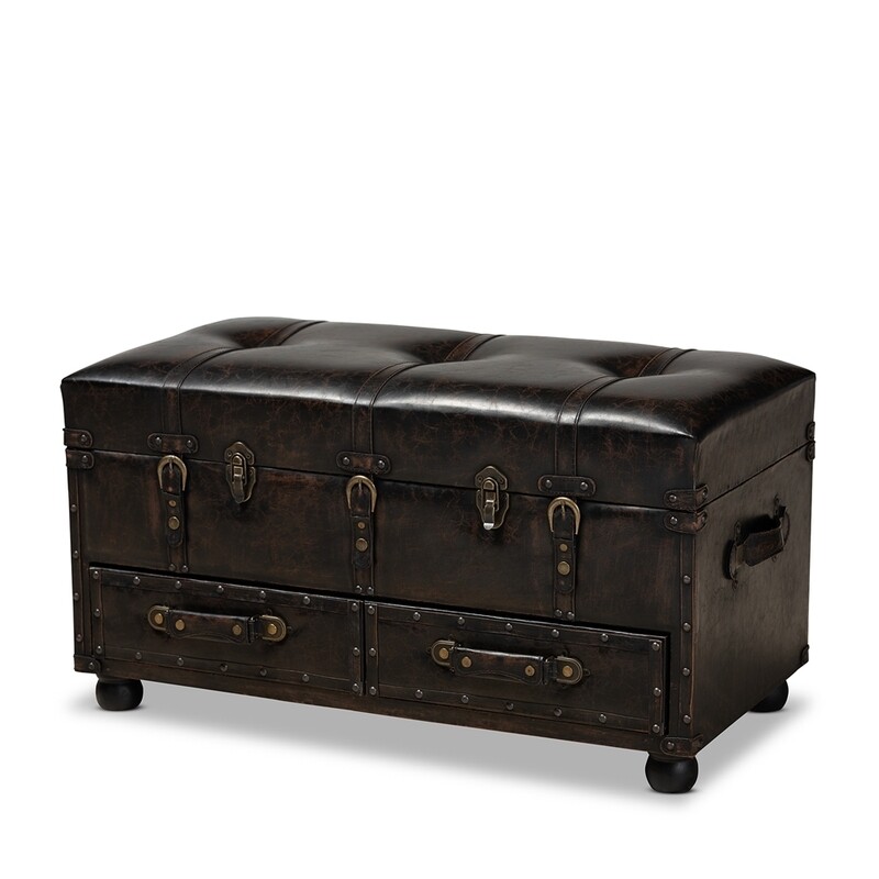 BAXTON STUDIO CALLUM MODERN TRANSITIONAL DISTRESSED DARK BROWN FAUX LEATHER UPHOLSTERED 2-DRAWER STORAGE TRUNK OTTOMAN