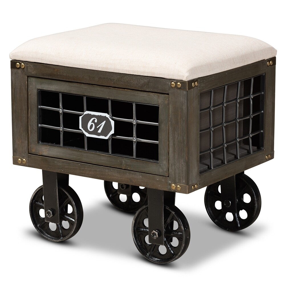 BAXTON STUDIO HARLEY TRANSITIONAL RUSTIC FARMHOUSE BEIGE FABRIC UPHOLSTERED ANTIQUE DISTRESSED WOOD AND BLACK METAL 1-DRAWER WHEELED STORAGE OTTOMAN