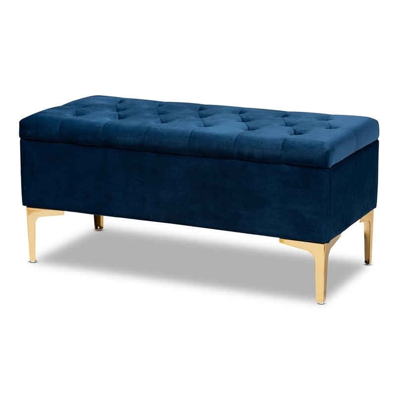 BAXTON STUDIO VALERE GLAM AND LUXE NAVY BLUE VELVET FABRIC UPHOLSTERED GOLD FINISHED BUTTON TUFTED STORAGE OTTOMAN