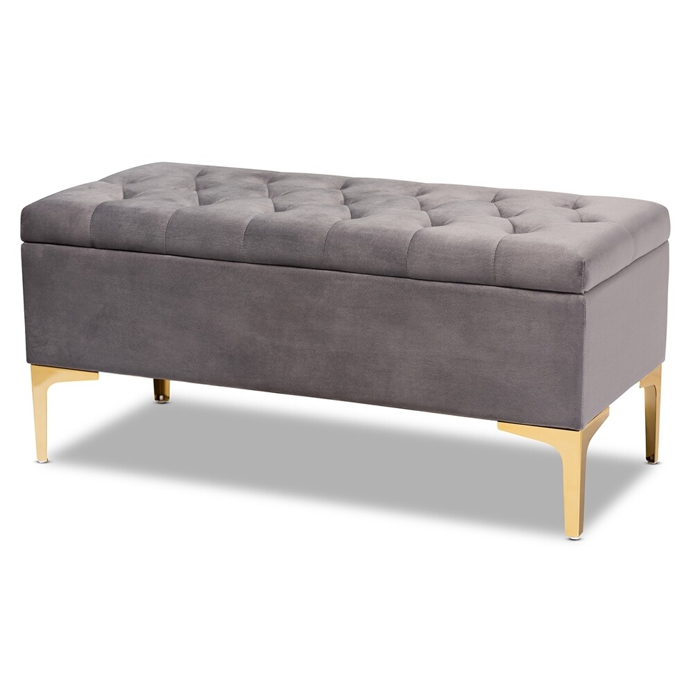 BAXTON STUDIO VALERE GLAM AND LUXE GREY VELVET FABRIC UPHOLSTERED GOLD FINISHED BUTTON TUFTED STORAGE OTTOMAN