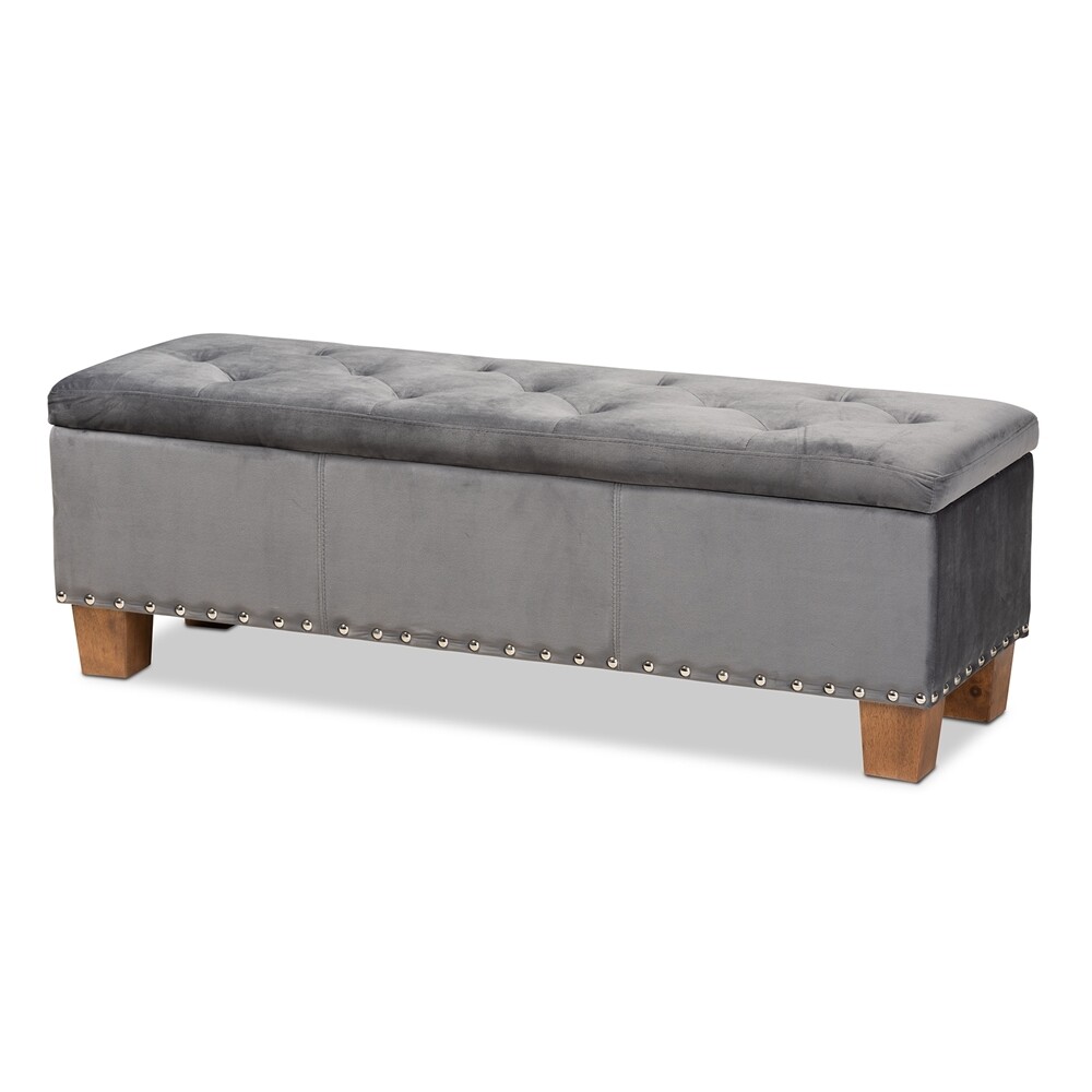 BAXTON STUDIO HANNAH MODERN AND CONTEMPORARY GREY VELVET FABRIC UPHOLSTERED BUTTON-TUFTED STORAGE OTTOMAN BENCH