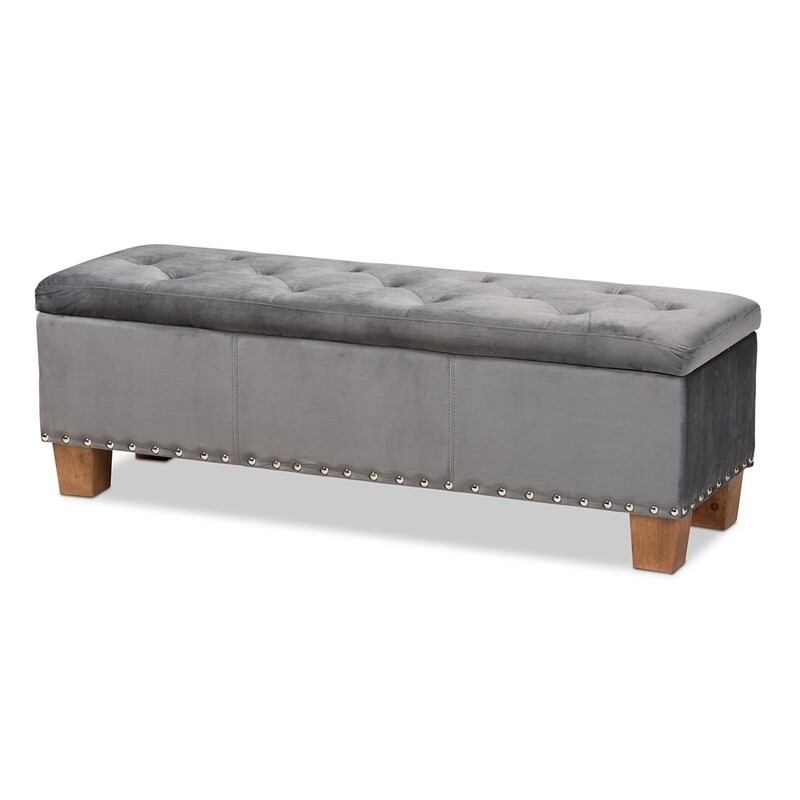BAXTON STUDIO HANNAH MODERN AND CONTEMPORARY GREY VELVET FABRIC UPHOLSTERED BUTTON-TUFTED STORAGE OTTOMAN BENCH