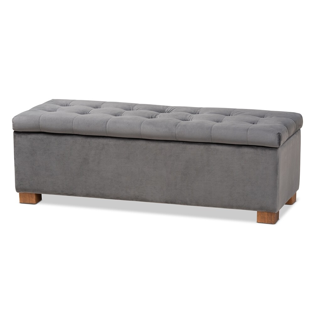 BAXTON STUDIO ROANOKE MODERN AND CONTEMPORARY GREY VELVET FABRIC UPHOLSTERED GRID-TUFTED STORAGE OTTOMAN BENCH