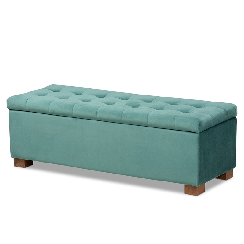 BAXTON STUDIO ROANOKE MODERN AND CONTEMPORARY TEAL BLUE VELVET FABRIC UPHOLSTERED GRID-TUFTED STORAGE OTTOMAN BENCH