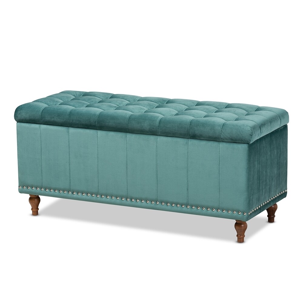 BAXTON STUDIO KAYLEE MODERN AND CONTEMPORARY TEAL BLUE VELVET FABRIC UPHOLSTERED BUTTON-TUFTED STORAGE OTTOMAN BENCH