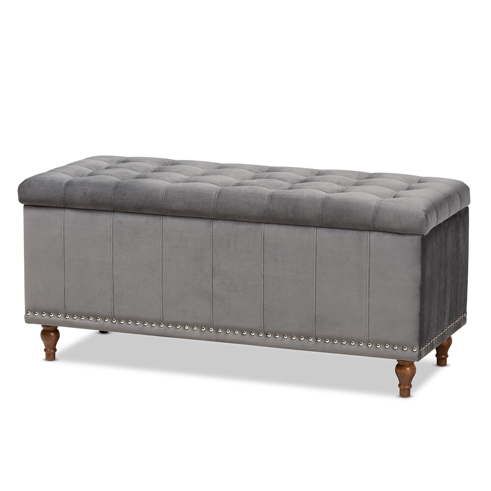 BAXTON STUDIO KAYLEE MODERN AND CONTEMPORARY GREY VELVET FABRIC UPHOLSTERED BUTTON-TUFTED STORAGE OTTOMAN BENCH
