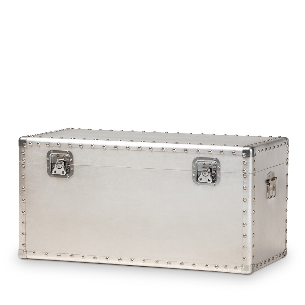 BAXTON STUDIO SERGE FRENCH INDUSTRIAL SILVER METAL STORAGE TRUNK