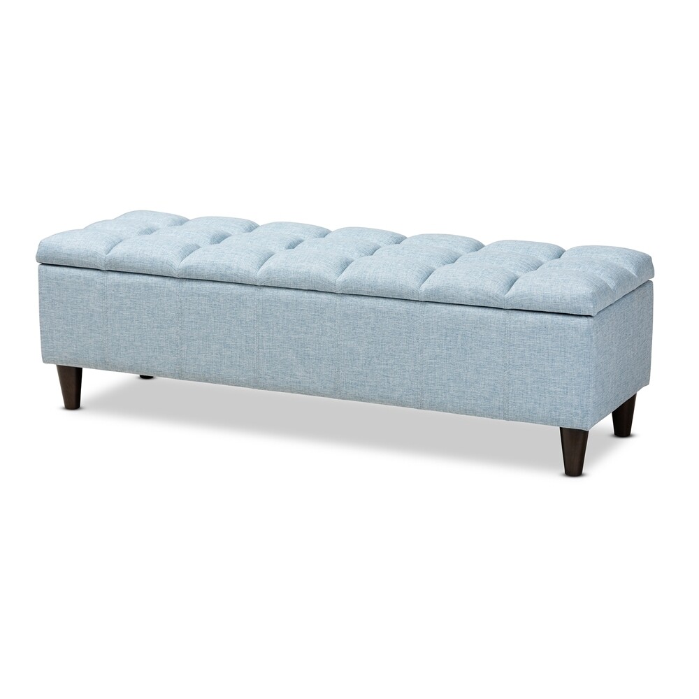 BAXTON STUDIO BRETTE MID-CENTURY MODERN LIGHT BLUE FABRIC UPHOLSTERED DARK BROWN FINISHED WOOD STORAGE BENCH OTTOMAN