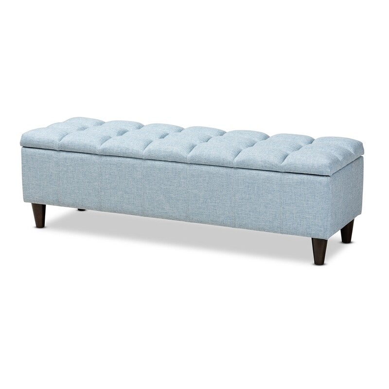 BAXTON STUDIO BRETTE MID-CENTURY MODERN LIGHT BLUE FABRIC UPHOLSTERED DARK BROWN FINISHED WOOD STORAGE BENCH OTTOMAN