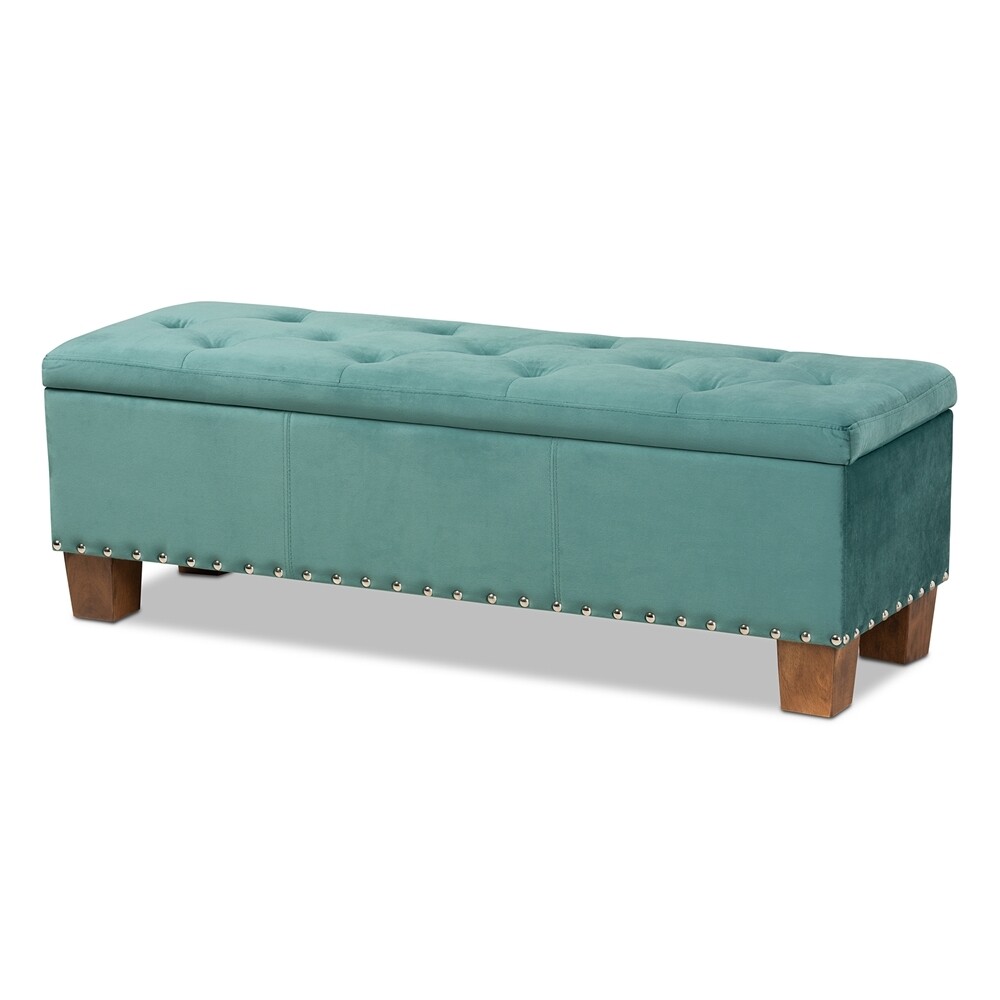 BAXTON STUDIO HANNAH MODERN AND CONTEMPORARY TEAL BLUE VELVET FABRIC UPHOLSTERED BUTTON-TUFTED STORAGE OTTOMAN BENCH