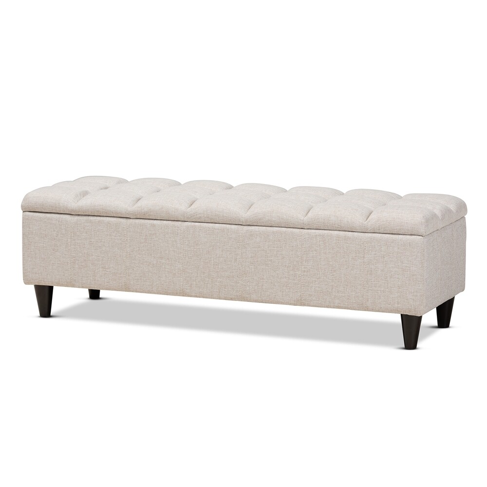 BAXTON STUDIO BRETTE MID-CENTURY MODERN LIGHT BLUE FABRIC UPHOLSTERED DARK BROWN FINISHED WOOD STORAGE BENCH OTTOMAN