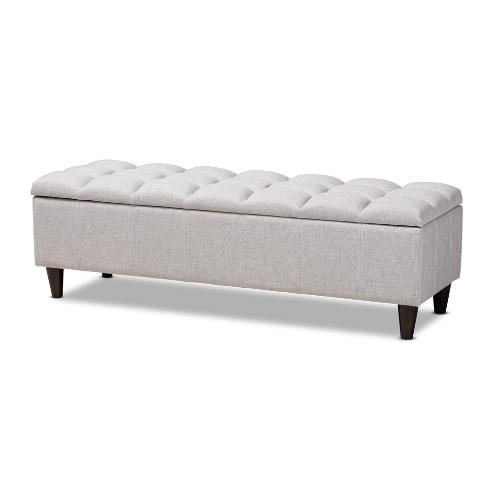 BAXTON STUDIO BRETTE MID-CENTURY MODERN GRAYISH BEIGE FABRIC UPHOLSTERED DARK BROWN FINISHED WOOD STORAGE BENCH OTTOMAN