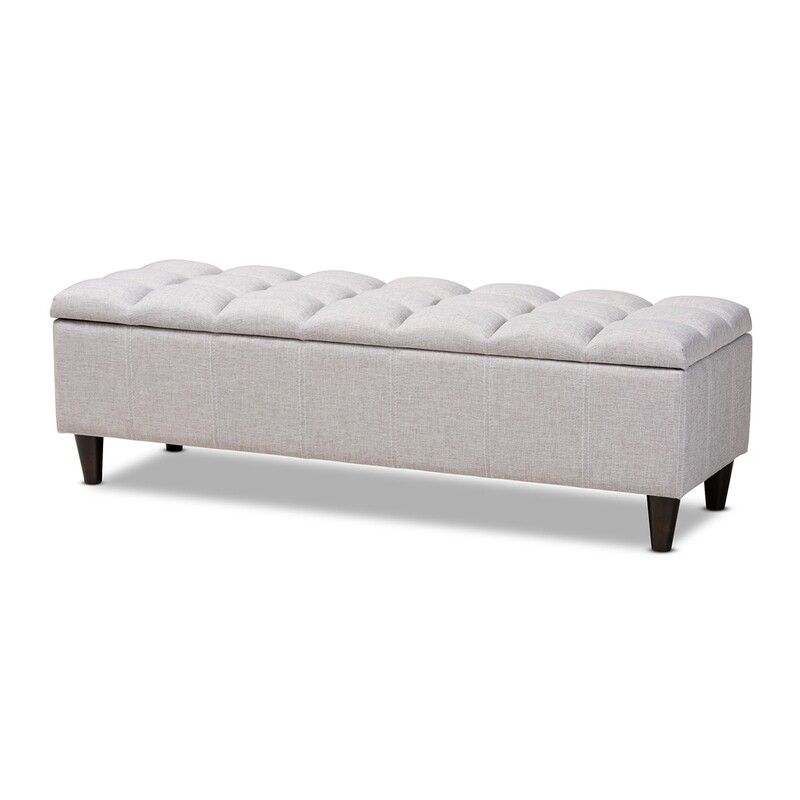 BAXTON STUDIO BRETTE MID-CENTURY MODERN GRAYISH BEIGE FABRIC UPHOLSTERED DARK BROWN FINISHED WOOD STORAGE BENCH OTTOMAN