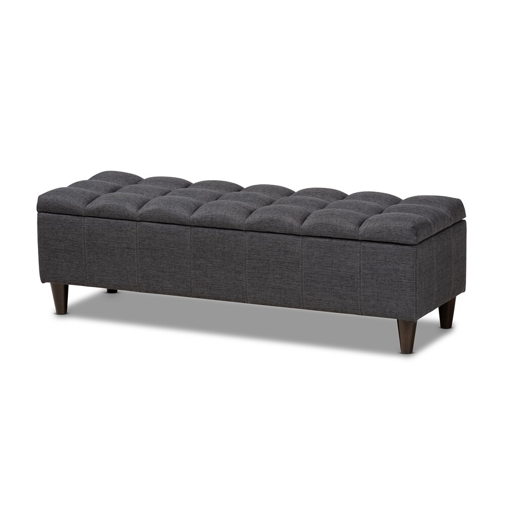 BAXTON STUDIO BRETTE MID-CENTURY MODERN CHARCOAL FABRIC UPHOLSTERED DARK BROWN FINISHED WOOD STORAGE BENCH OTTOMAN