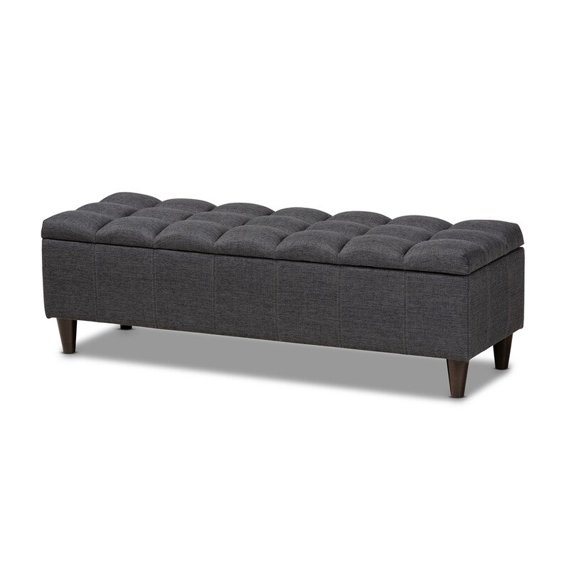 BAXTON STUDIO BRETTE MID-CENTURY MODERN CHARCOAL FABRIC UPHOLSTERED DARK BROWN FINISHED WOOD STORAGE BENCH OTTOMAN
