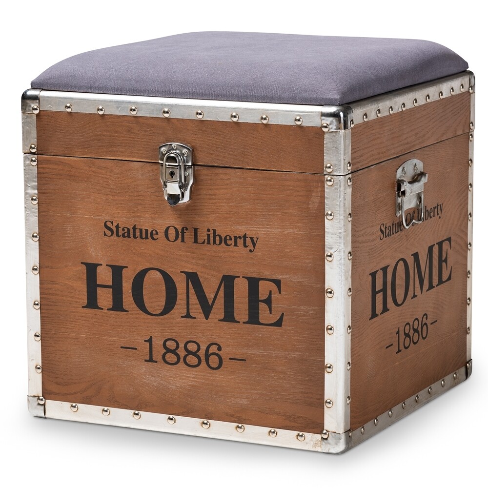 BAXTON STUDIO VIOLETTA VINTAGE INDUSTRIAL LIGHT GRAY FABRIC UPHOLSTERED WOOD STORAGE TRUNK OTTOMAN
