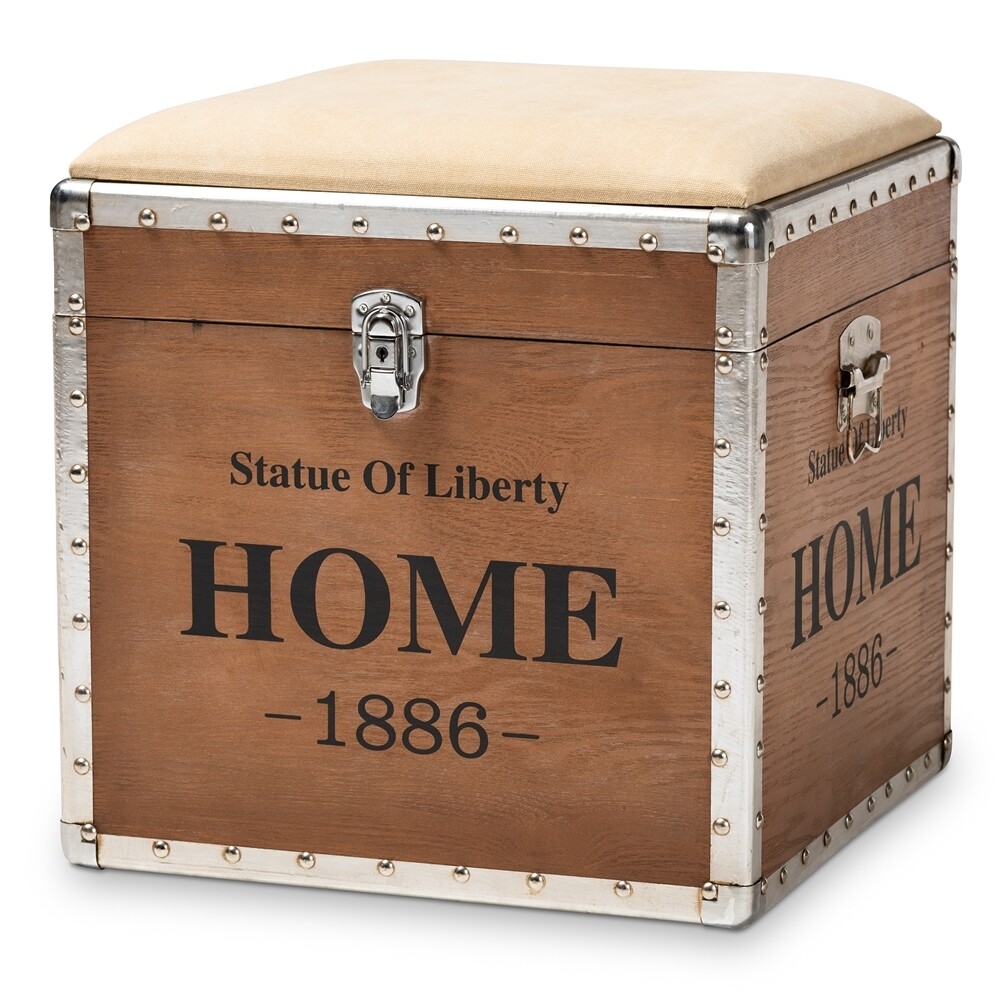 BAXTON STUDIO VIOLETTA VINTAGE INDUSTRIAL BEIGE FABRIC UPHOLSTERED WOOD STORAGE TRUNK OTTOMAN