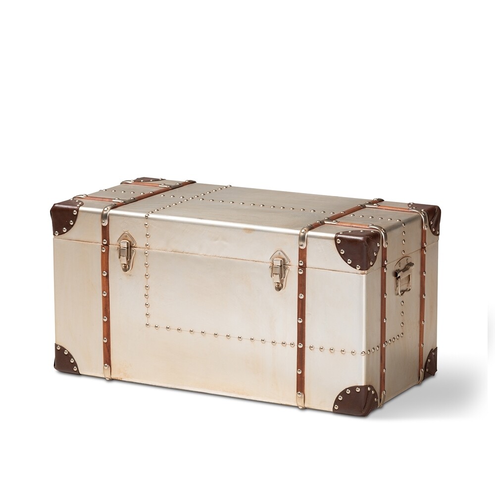 BAXTON STUDIO BECHET FRENCH INDUSTRIAL SILVER METAL STORAGE TRUNK