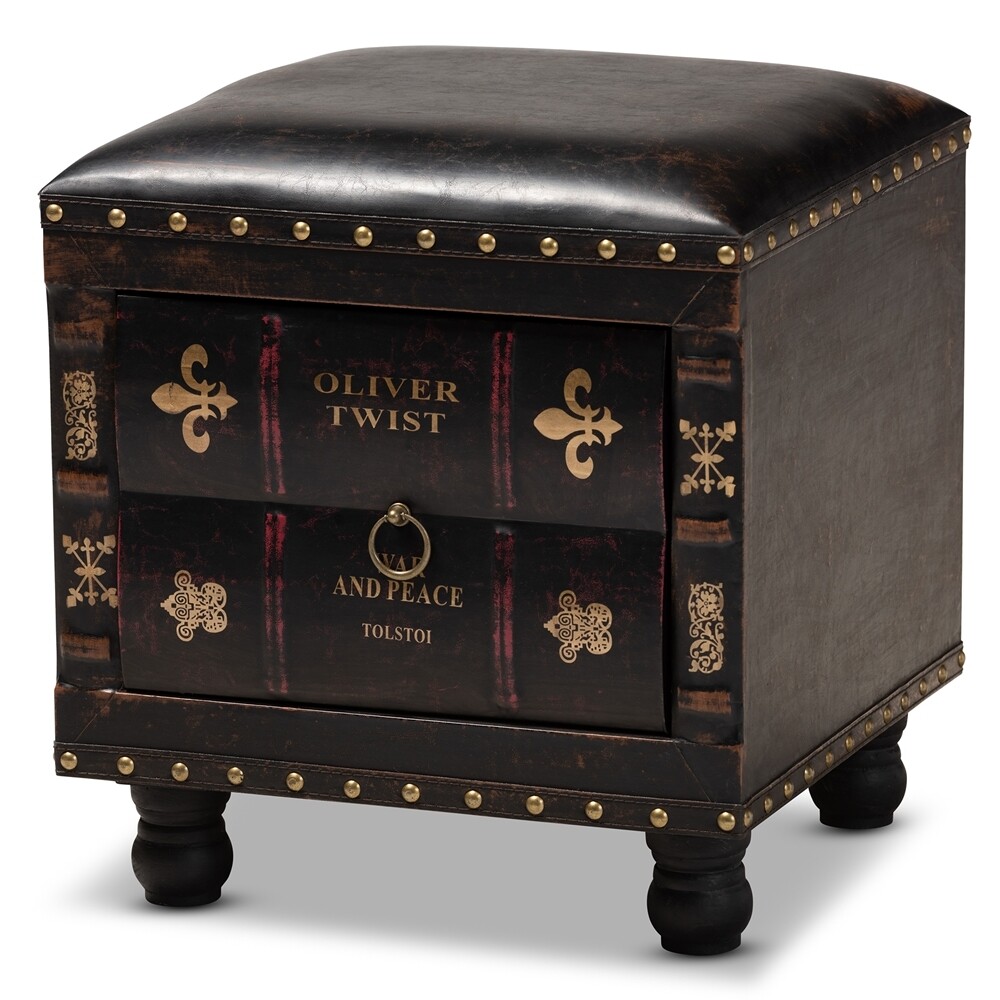 BAXTON STUDIO CHARLIER RUSTIC ANTIQUE INSPIRED DARK BROWN FAUX LEATHER UPHOLSTERED WOOD STORAGE OTTOMAN WITH BOOK SPINE DRAWER