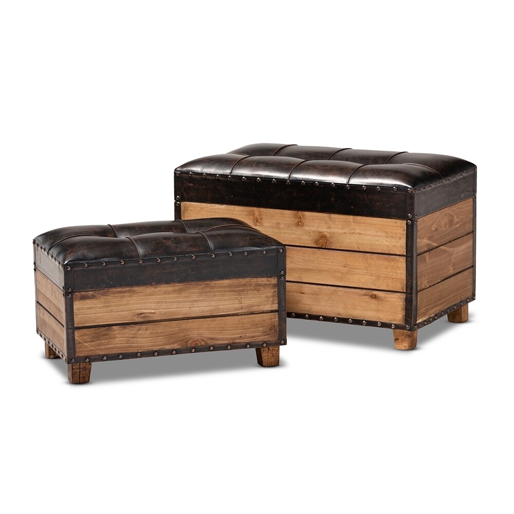 BAXTON STUDIO MARELLI RUSTIC DARK BROWN FAUX LEATHER UPHOLSTERED 2-PIECE WOOD STORAGE TRUNK OTTOMAN SET