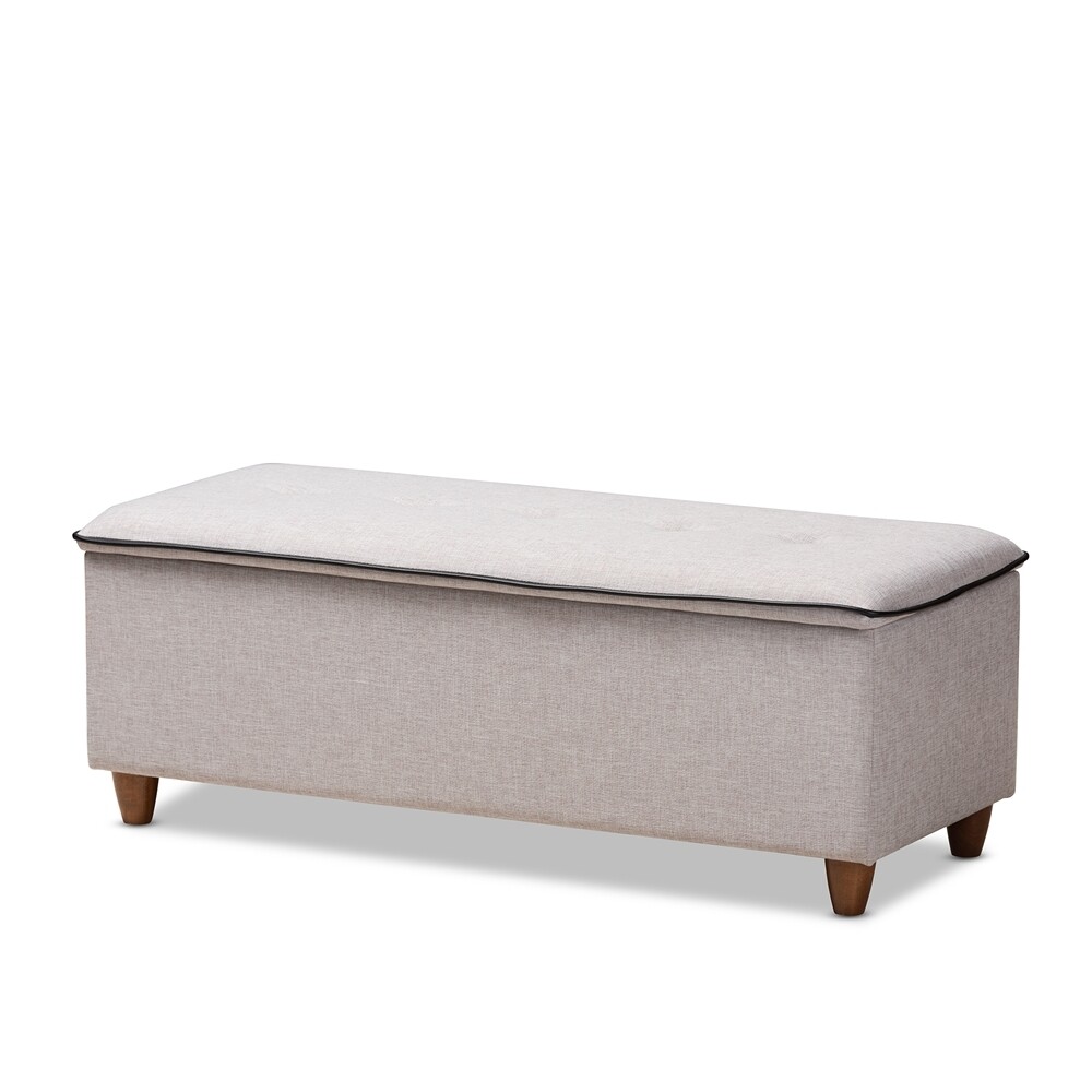 BAXTON STUDIO MARLISA MID-CENTURY MODERN WALNUT FINISHED WOOD AND GREYISH BEIGE FABRIC UPHOLSTERED BUTTON TUFTED STORAGE OTTOMAN BENCH