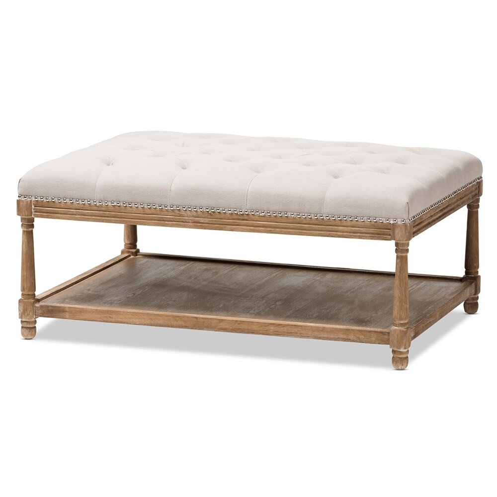 BAXTON STUDIO CARLOTTA FRENCH COUNTRY WEATHERED OAK BEIGE LINEN RECTANGULAR COFFEE TABLE OTTOMAN