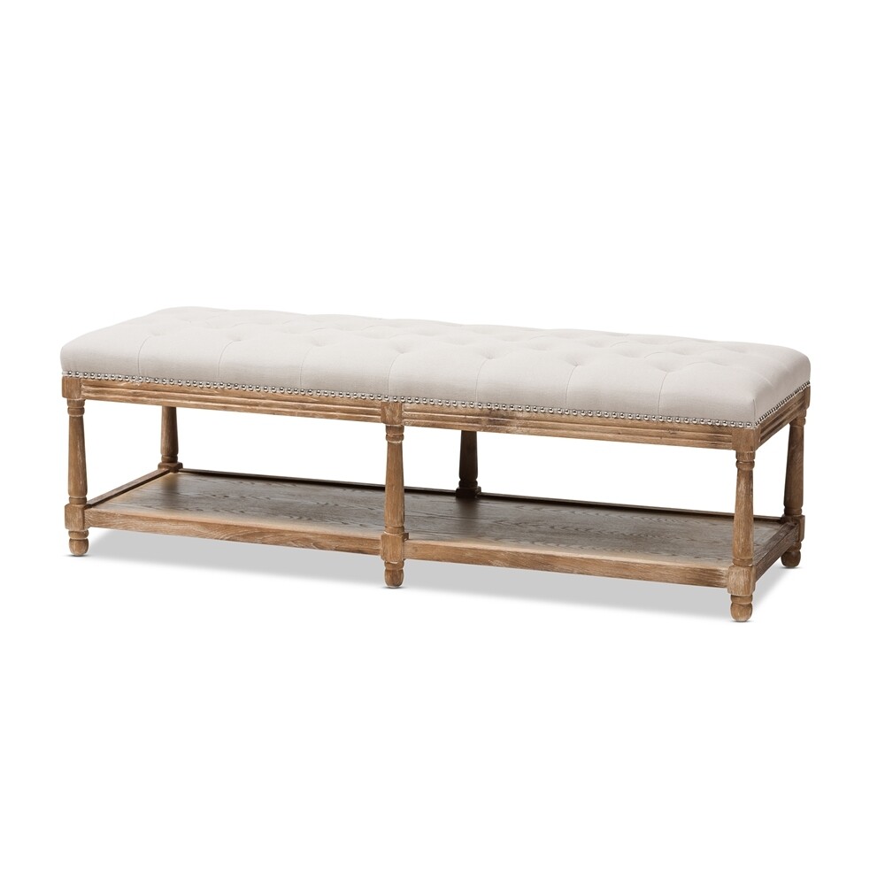 BAXTON STUDIO CELESTE FRENCH COUNTRY WEATHERED OAK BEIGE LINEN UPHOLSTERED OTTOMAN BENCH