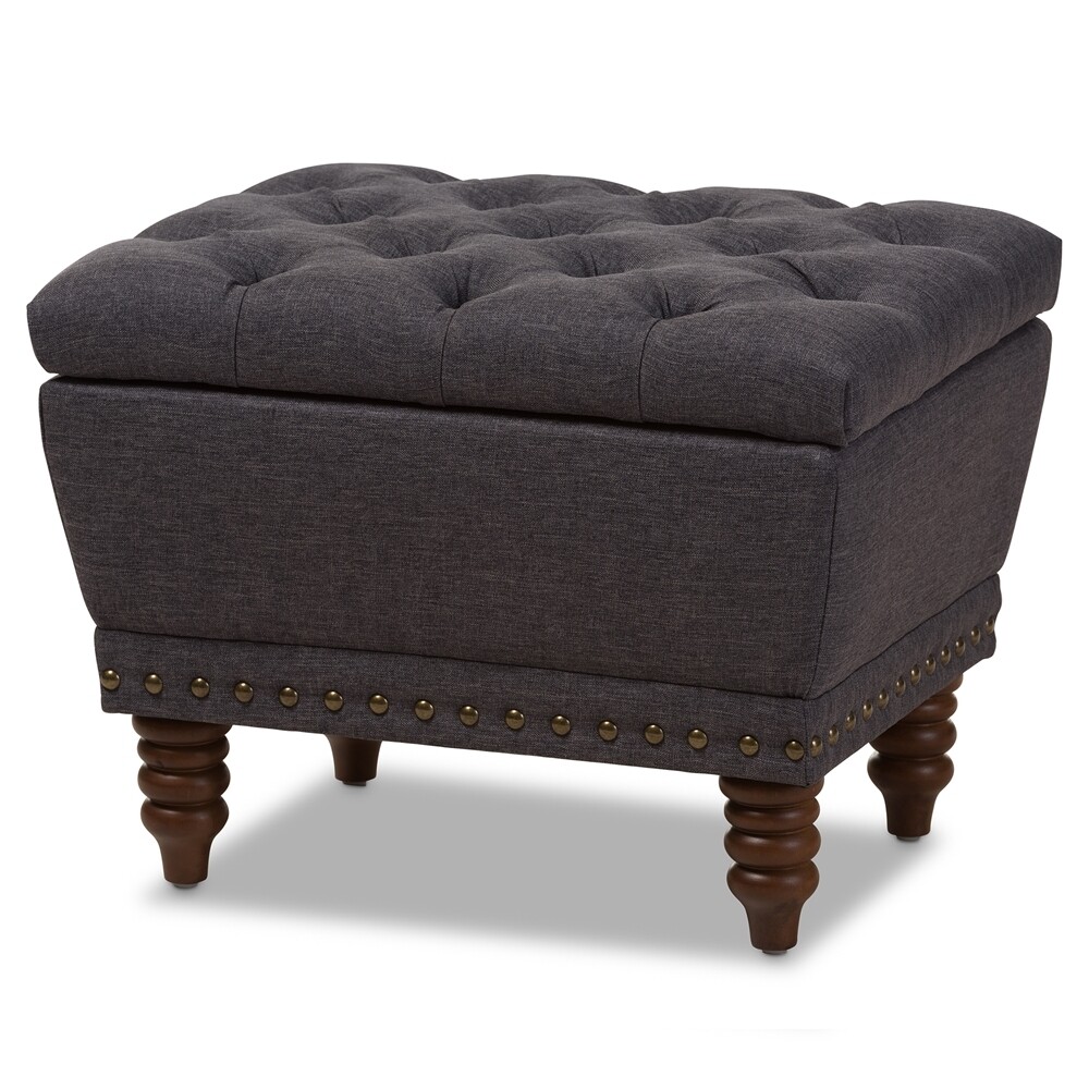 BAXTON STUDIO ANNABELLE MODERN AND CONTEMPORARY DARK GREY FABRIC UPHOLSTERED WALNUT WOOD FINISHED BUTTON-TUFTED STORAGE OTTOMAN