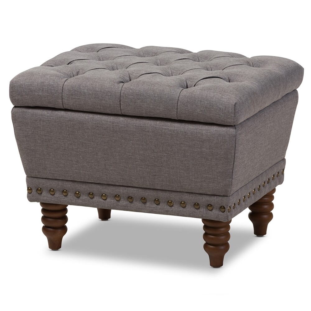 BAXTON STUDIO ANNABELLE MODERN AND CONTEMPORARY LIGHT GREY FABRIC UPHOLSTERED WALNUT WOOD FINISHED BUTTON-TUFTED STORAGE OTTOMAN