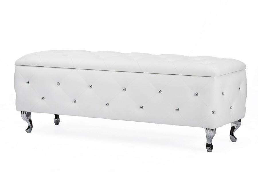 BAXTON STUDIO SEINE WHITE LEATHER CONTEMPORARY STORAGE OTTOMAN