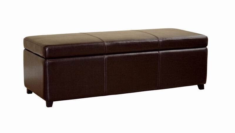 BAXTON STUDIO DARK BROWN FULL LEATHER STORAGE BENCH OTTOMAN WITH STITCHING