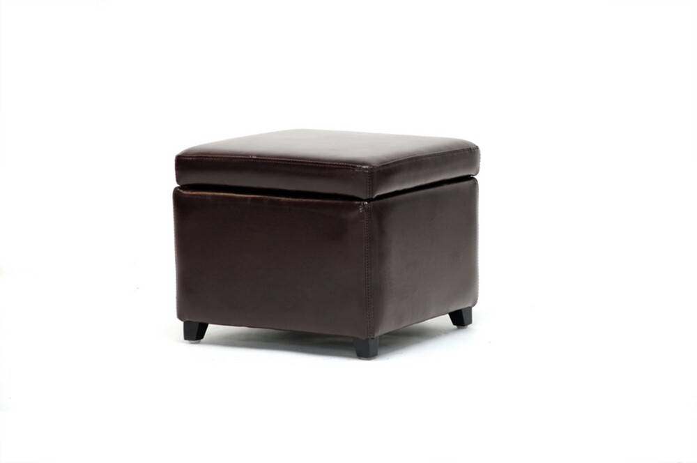 BAXTON STUDIO DARK BROWN FULL LEATHER SMALL STORAGE CUBE OTTOMAN