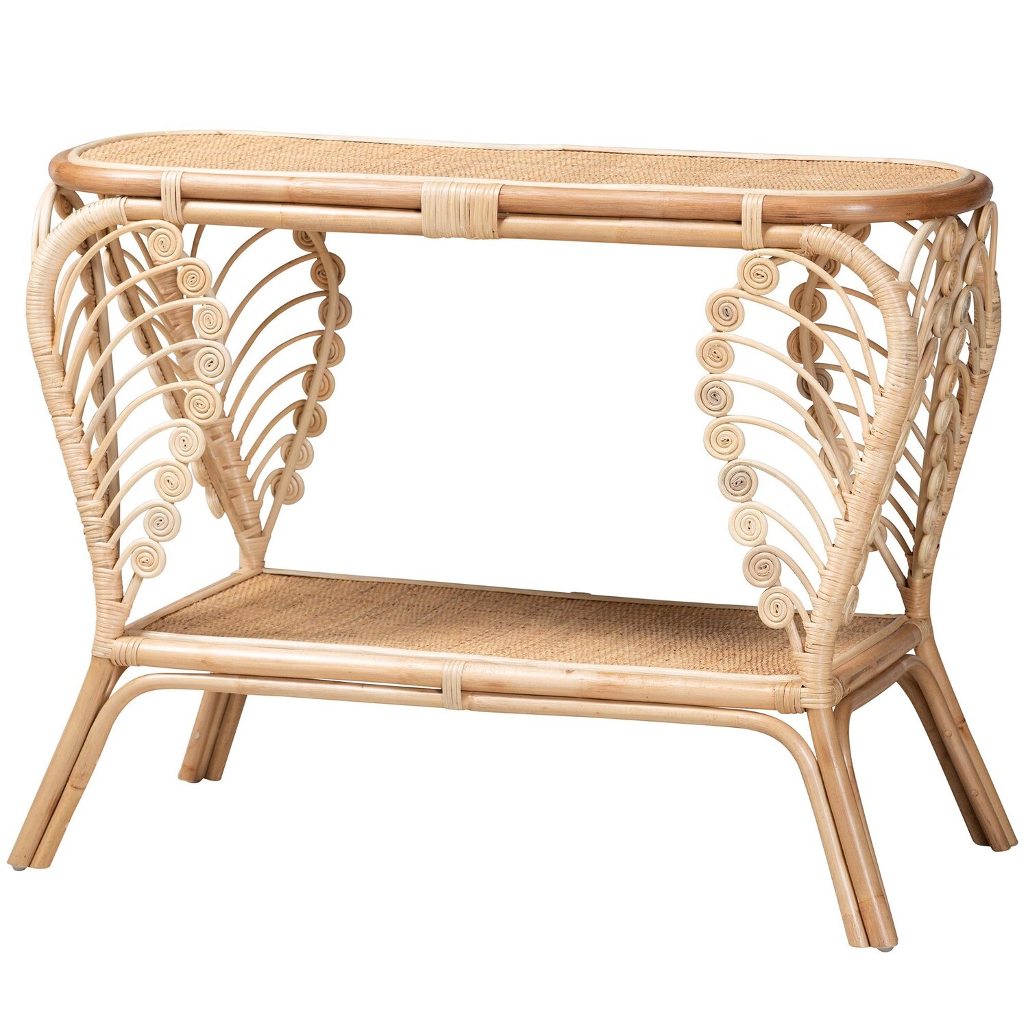 BALI & PARI BASTET MODERN BOHEMIAN NATURAL BROWN RATTAN 2-TIER CONSOLE TABLE