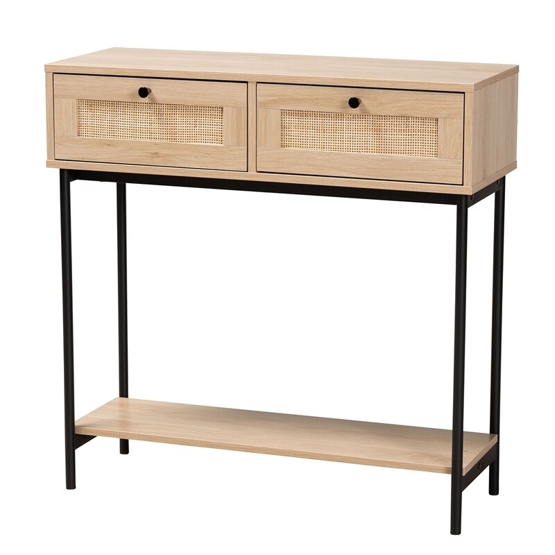 BAXTON STUDIO SHERWIN MID-CENTURY MODERN LIGHT BROWN AND BLACK 2-DRAWER CONSOLE TABLE WITH WOVEN RATTAN ACCENT