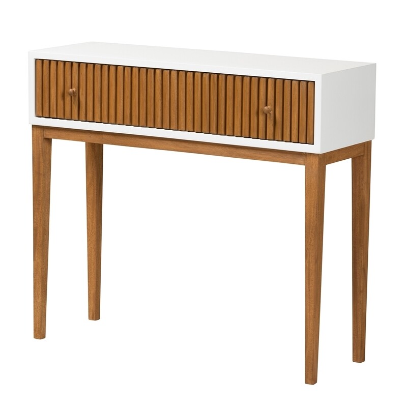 BALI & PARI ODILE MID-CENTURY MODERN TWO-TONE NATURAL BROWN AND WHITE BAYUR WOOD 1-DRAWER CONSOLE TABLE