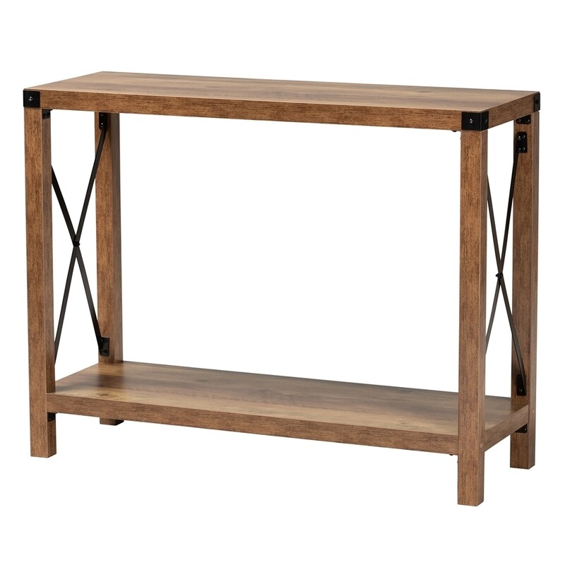 BAXTON STUDIO RUMI MODERN FARMHOUSE NATURAL BROWN FINISHED WOOD AND BLACK METAL CONSOLE TABLE